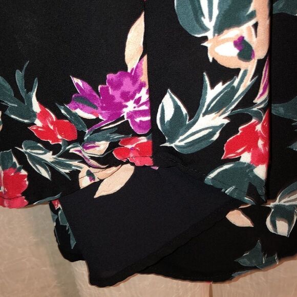 EVRI 2X Black Fuchsia Pink Green Wt Floral Neck Tie Long Sleeve Pullover Blouse - Picture 10 of 14